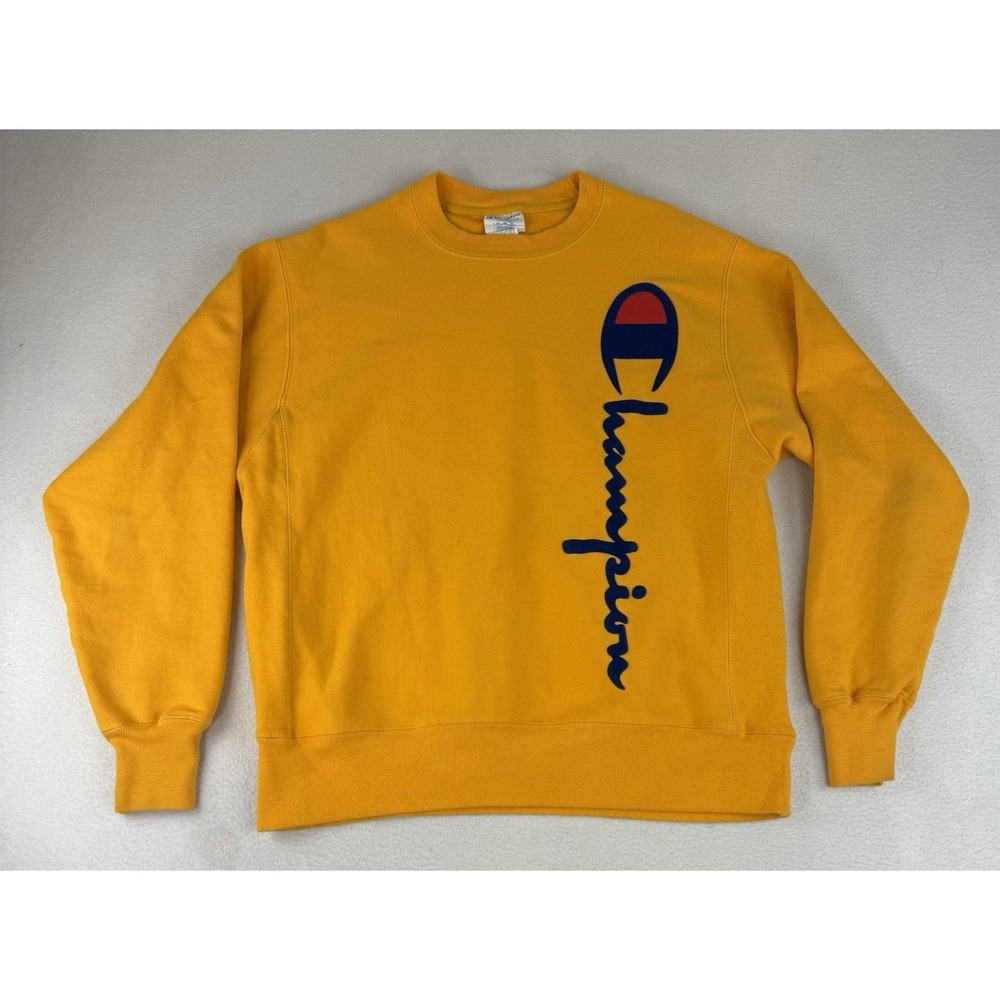 Champion Sweatshirt Men's Size Large‎ Reverse Weave Spellout Sweater Crew Yellow
